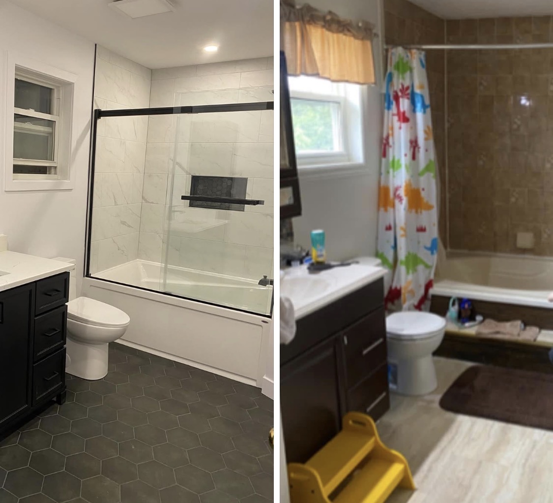 Before and after of a family bathroom — dated brown tile replaced with marble-look walls, dark hexagon floor and glass shower enclosure