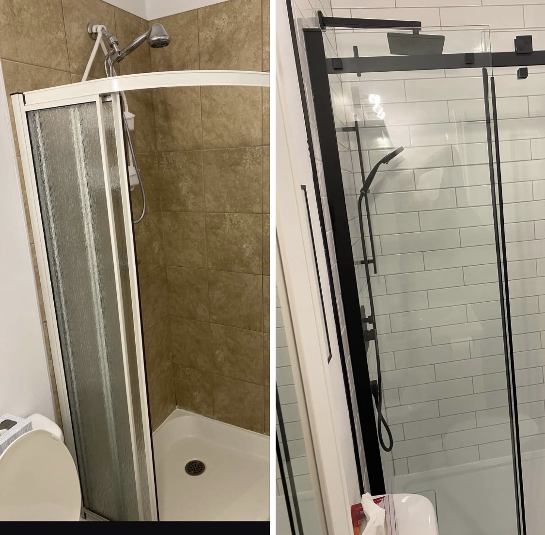 Before and after — old framed shower stall removed and replaced with full-height subway tile walk-in shower with matte black trim