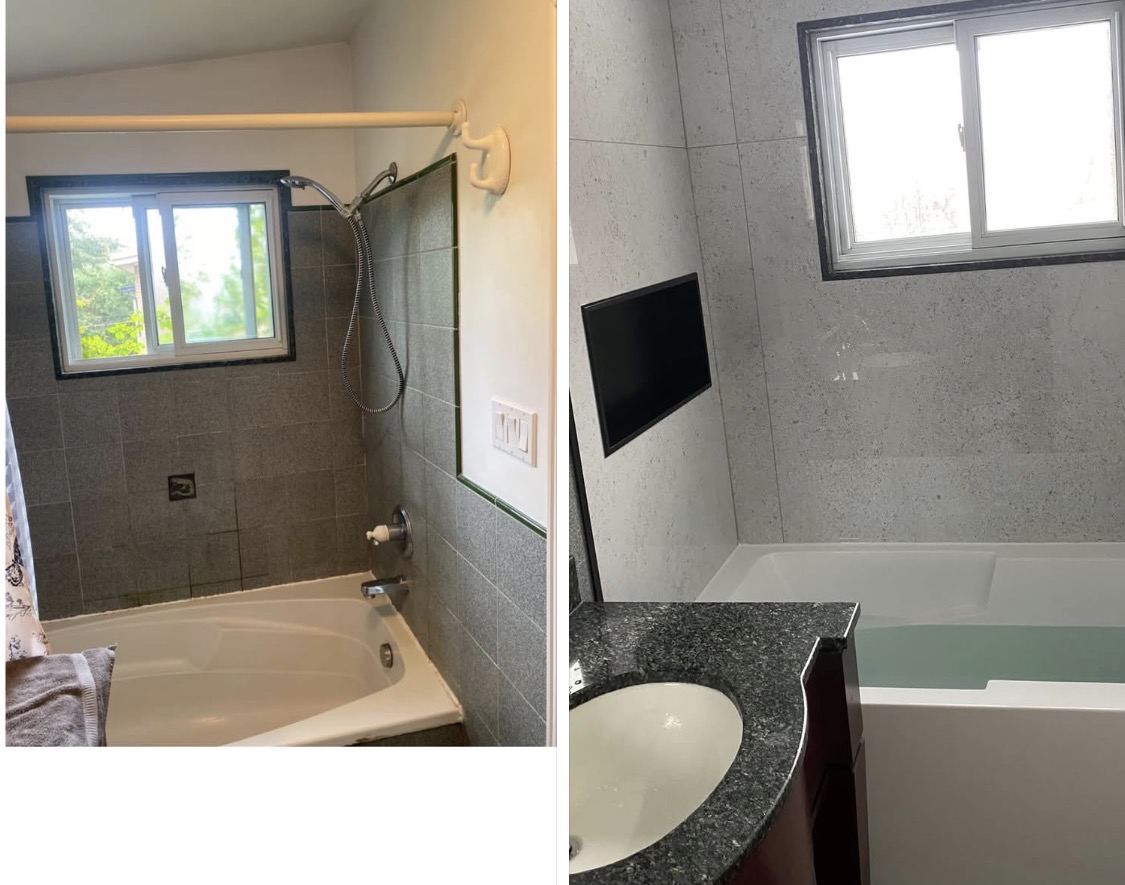 Bathroom remodel with granite vanity and tub surround