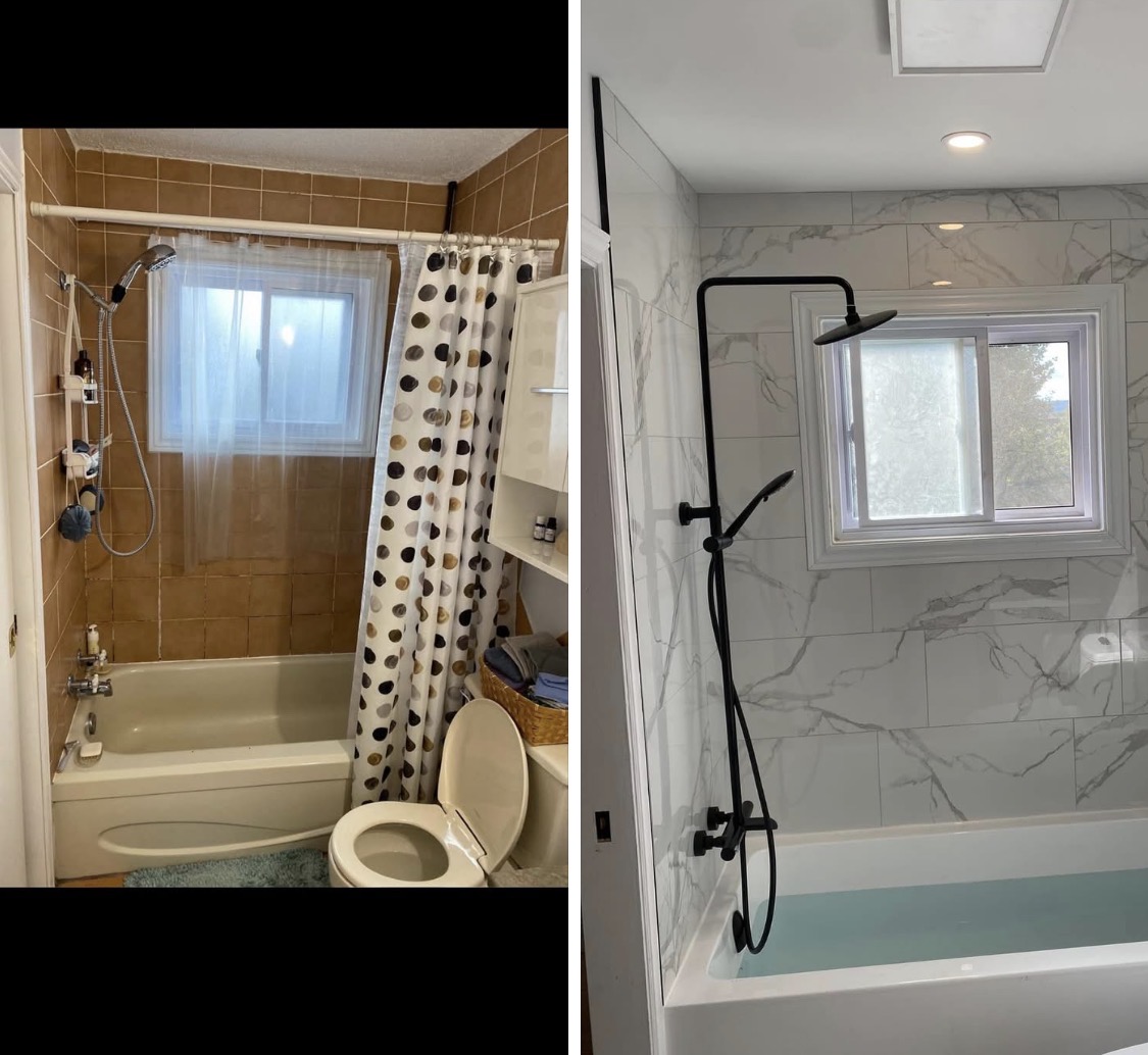 Bathroom before and after marble tile renovation