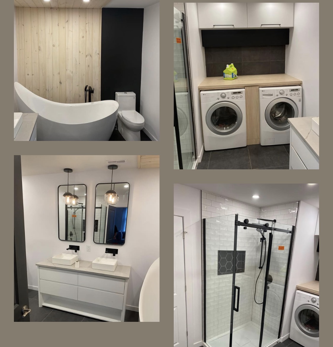 Master bathroom with freestanding tub, double vanity and laundry