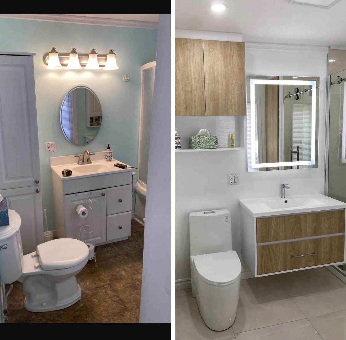 Powder room renovation with floating vanity and LED mirror