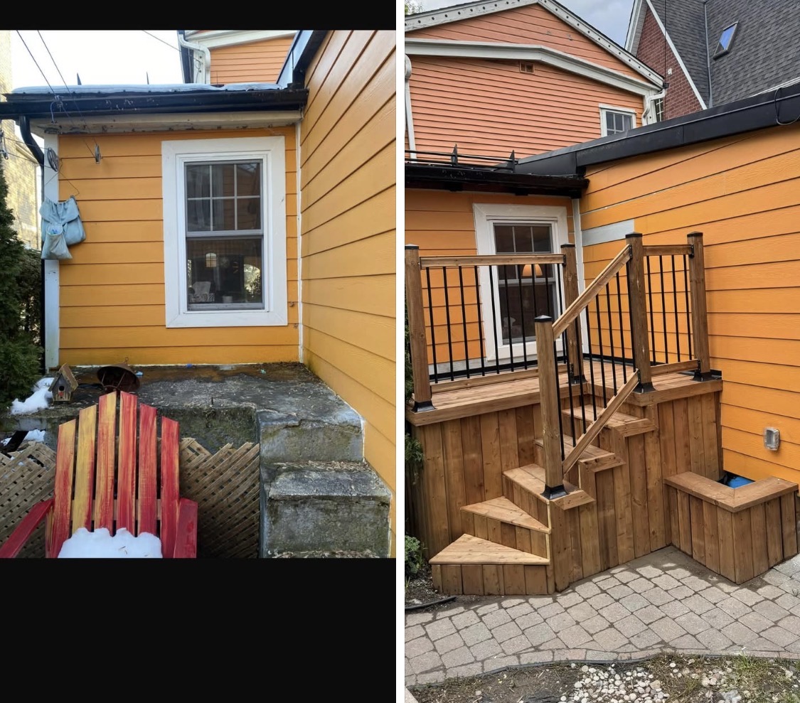 Custom cedar deck and railing replacing old concrete steps