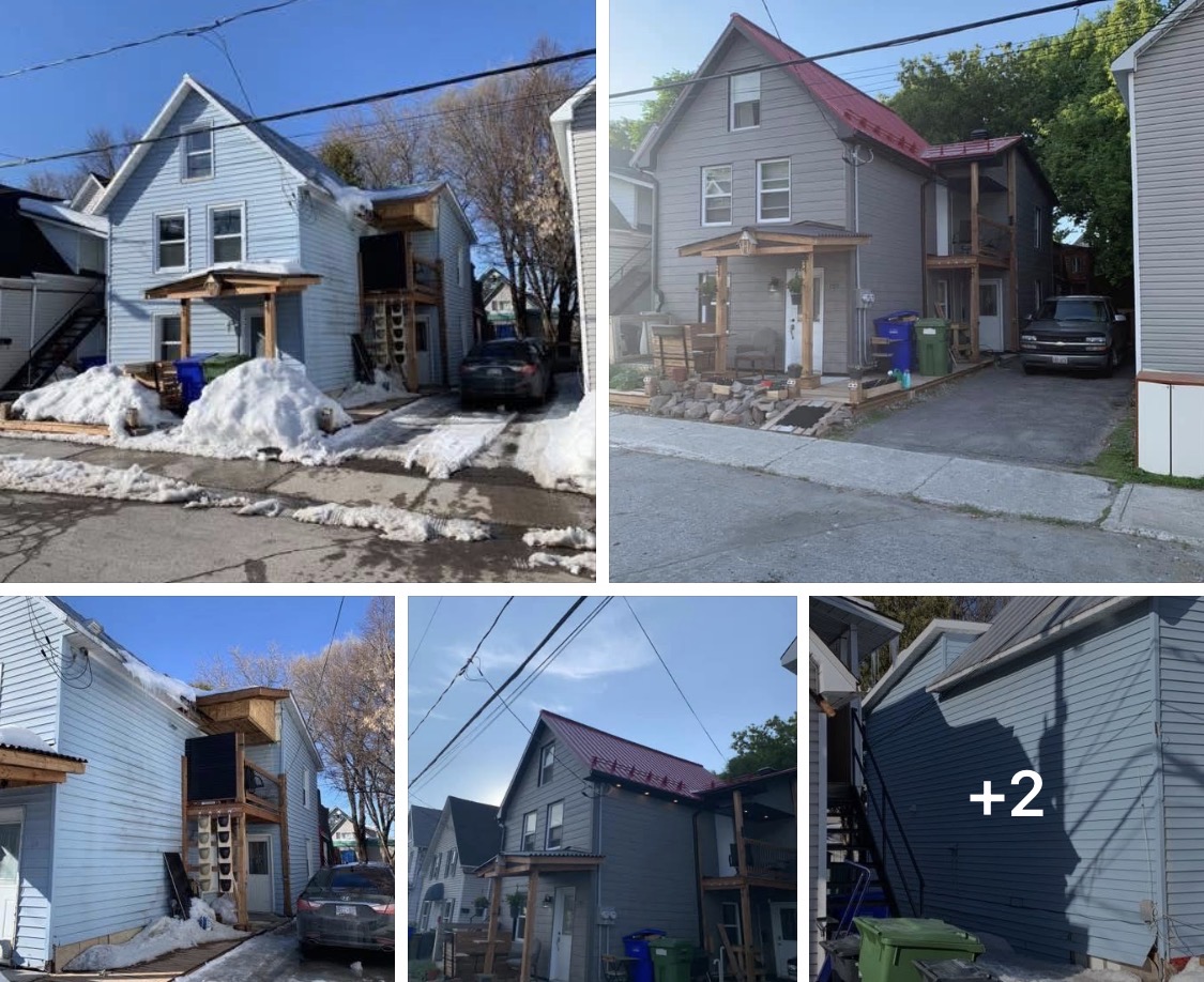 Exterior home renovation with new siding, balcony and metal roof
