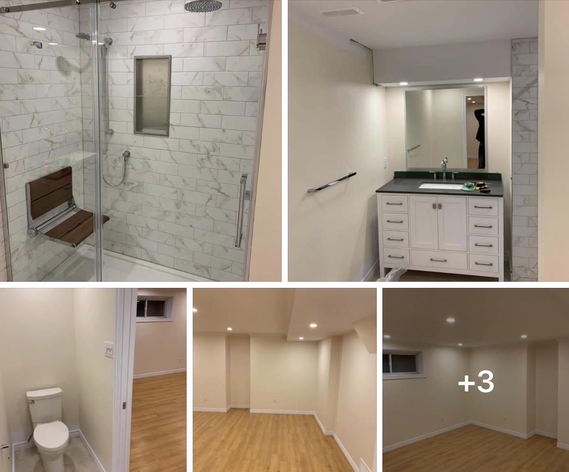 Finished basement with marble walk-in shower, vanity and living area