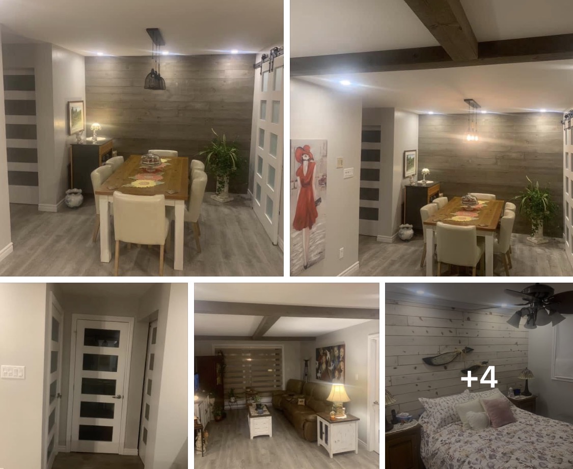 Finished basement with shiplap accent wall, exposed beam, dining area and bedroom