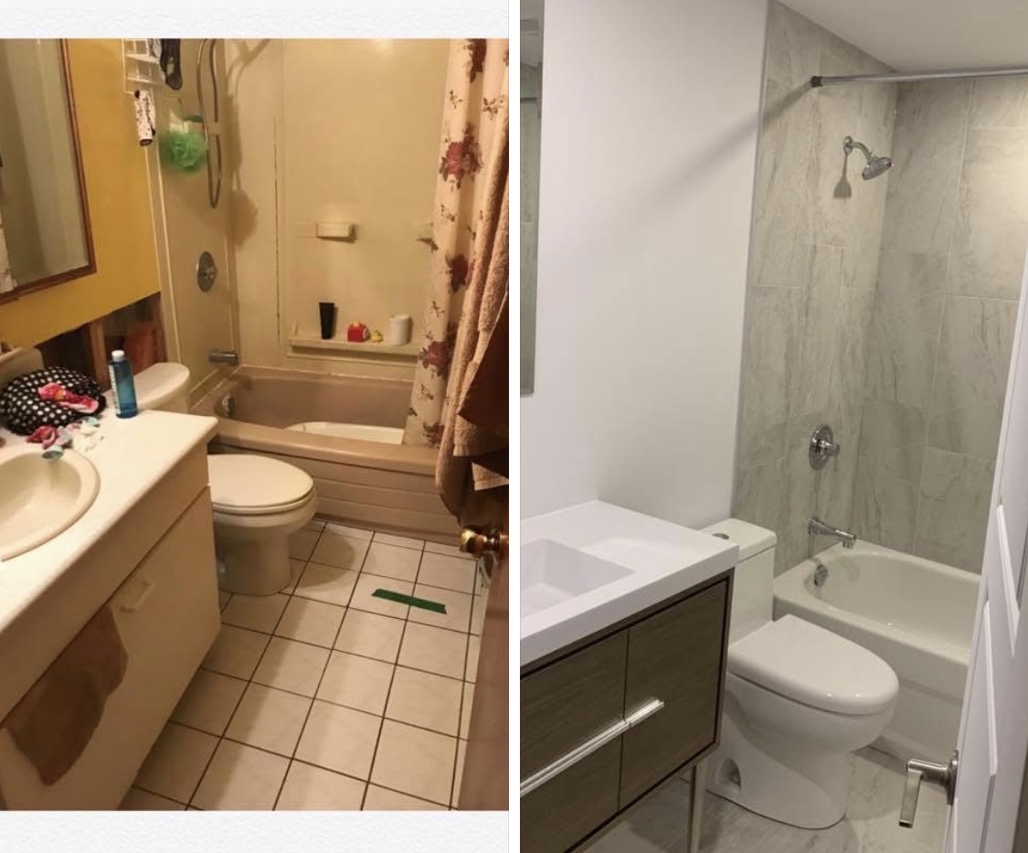 Bathroom renovation before and after — full demolition to modern finish