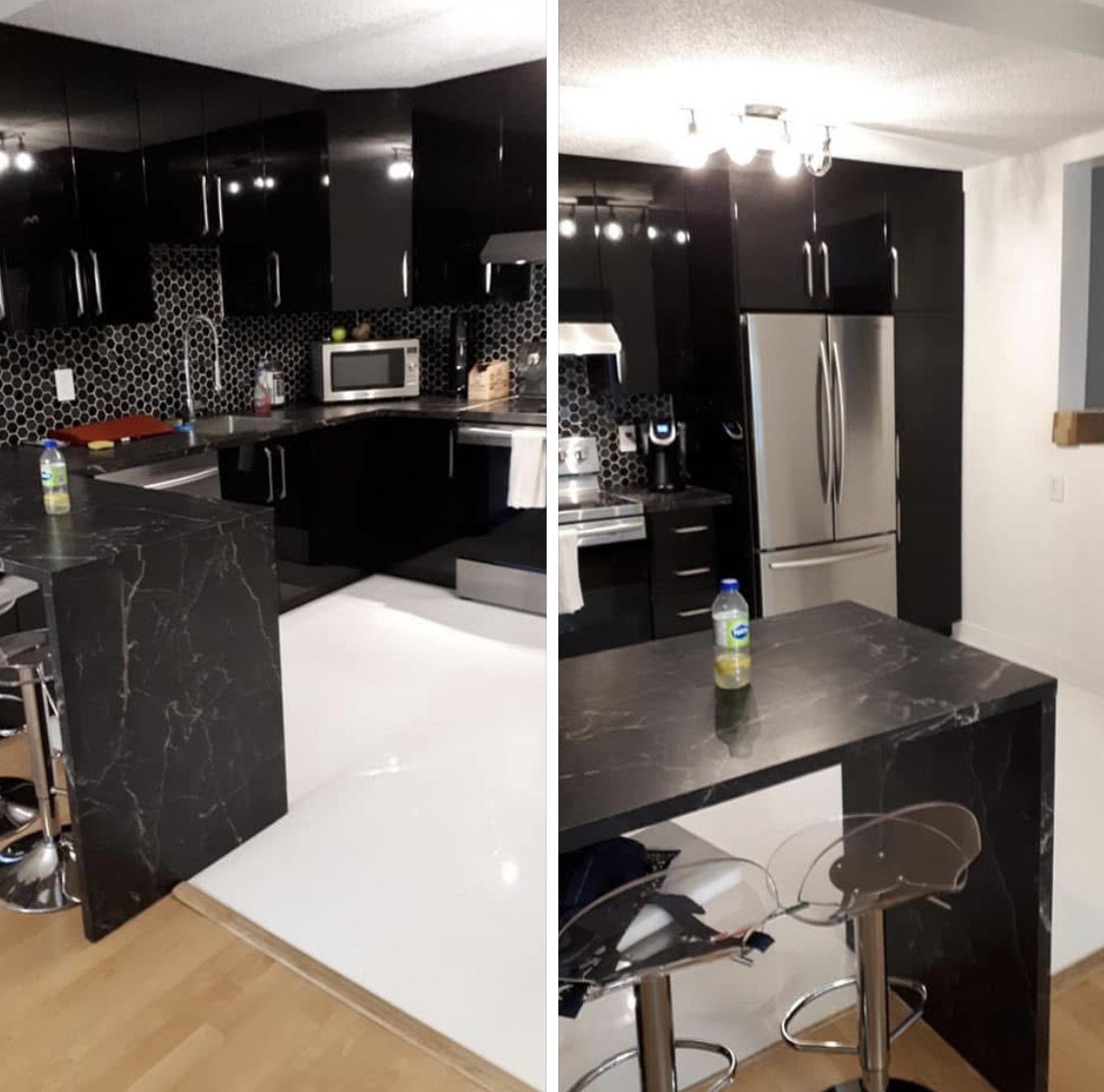 High-gloss black kitchen with hexagon mosaic backsplash and marble-look waterfall island