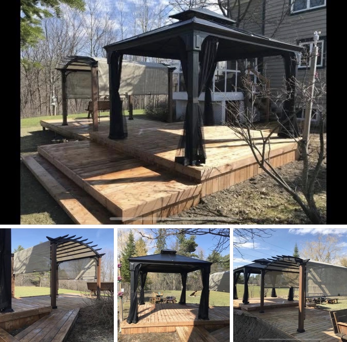 Custom cedar deck with hardtop gazebo and pergola in landscaped yard