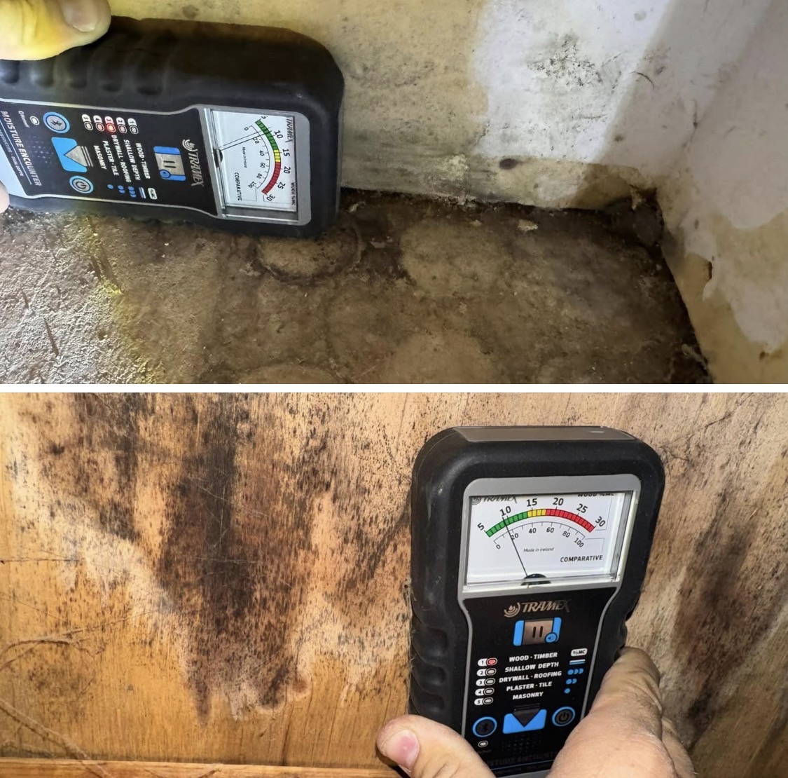 Moisture meter reading on water-damaged wall during home inspection