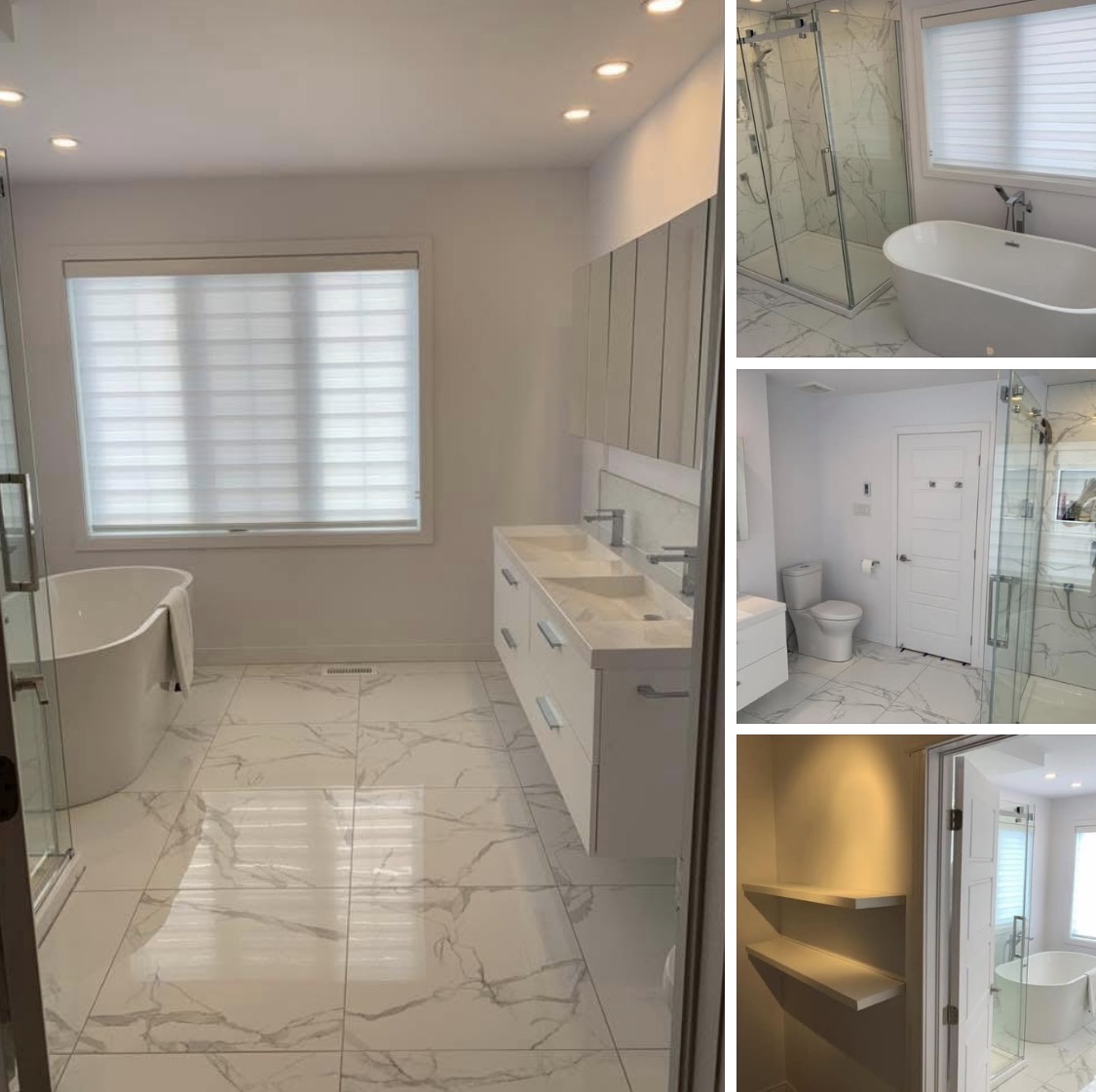 Master bathroom suite with freestanding tub, double vanity and marble tile