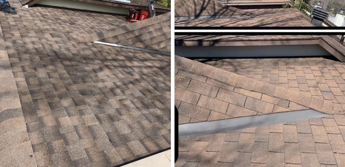 Architectural shingle roof close-up with metal valley flashing