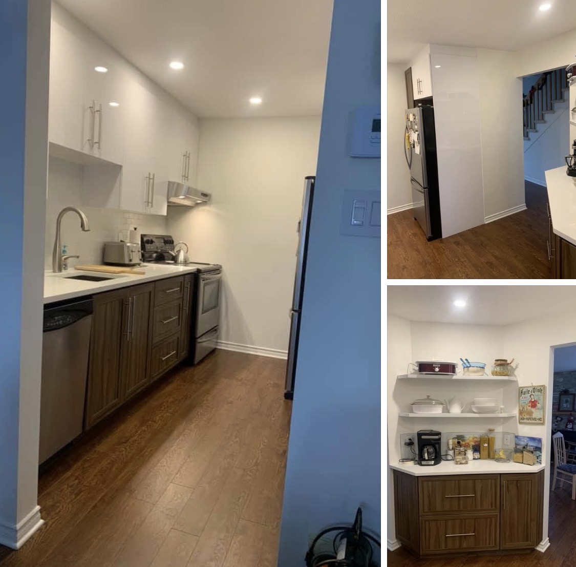 Galley kitchen with white uppers, walnut lower cabinets and quartz counters